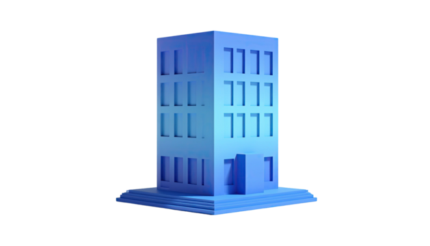 Stylized, blue, minimalist high-rise building on a black background, 3D rendering