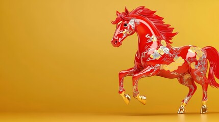 Vibrant red horse figurine with intricate designs on a golden background for Chinese New Year celebration