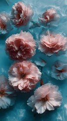 cherry blossoms scattered across sky blue background bleeding at petals edges