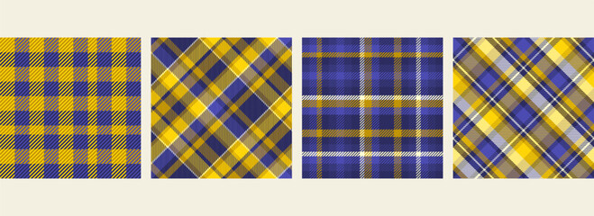 Collection of blue and yellow seamless plaid tartan pattern, colorful natural fabric swatch, textile, geometric background