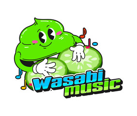 Japan cuisine sushi wasabi vintage Y2K sticker or patch. Japan seafood delicacy vintage label, sushi dish Y2K vector sticker. Japanese cuisine tag with wasabi sauce emoji character playing on drums