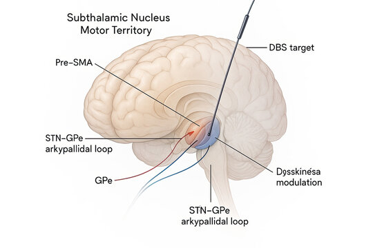 Anatomical illustration of the brain showing the subthalamic nucleus motor territory, pre-SMA, and the effect of deep brain stimulation (DBS) on dyskinesia.