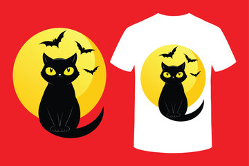 Black Cat with bats and moon lights halloween t-shirt design Thanksgiving T'shirt design, Cat and full moon halloween design