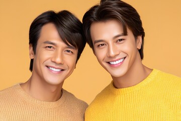 Two smiling Asian men wearing cozy yellow sweaters pose together against a bright orange background, showcasing friendship and warmth in a cheerful atmosphere