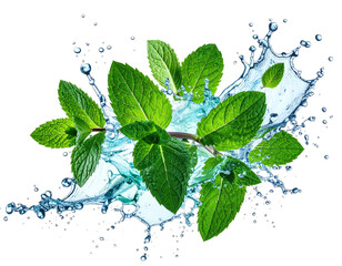 Fresh mint leaves in a water splash