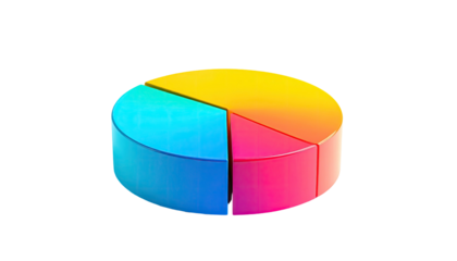 3D pie chart icon, segmented into yellow, pink, and blue colors on black background