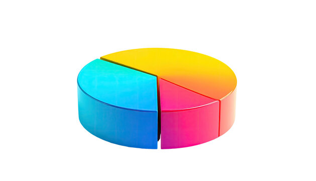 3D pie chart icon, segmented into yellow, pink, and blue colors on black background