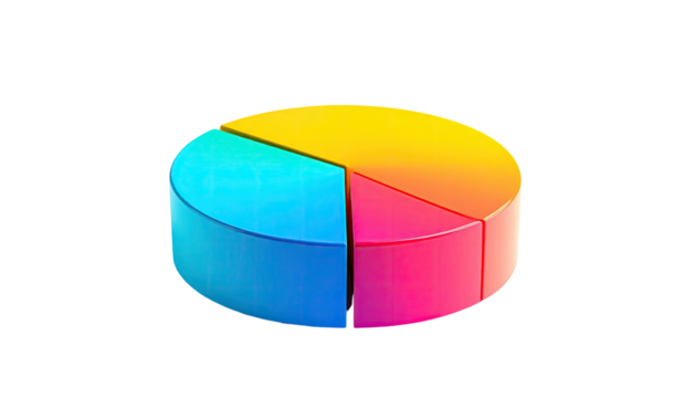 3D pie chart icon, segmented into yellow, pink, and blue colors on black background