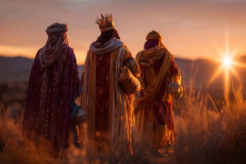 Three wise men in traditional robes walk towards the sunrise over a desert landscape