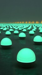 of gleaming spheres bouncing streams of reflective cyan light between them