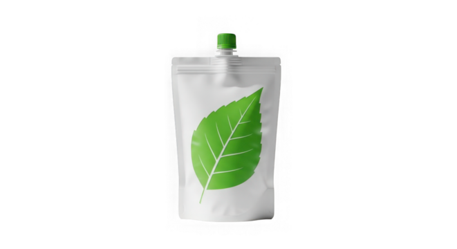 Pouch packaging design featuring a green leaf for natural beverage or product presentation isolated on transparent background