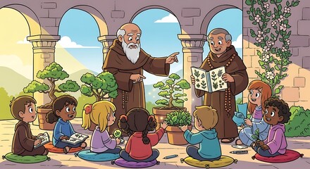 Garden study with monks.