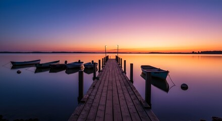 Fototapeta premium Tranquil lake at sunset with pier and boats