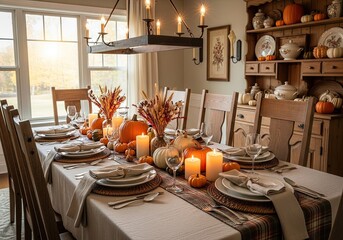 Photo of elegant thanksgiving dining room setup with pumpkins, candles, and fall foliage adorning a long table for a warm and inviting holiday gathering