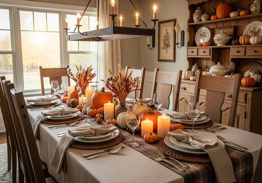 Photo of elegant thanksgiving dining room setup with pumpkins, candles, and fall foliage adorning a long table for a warm and inviting holiday gathering