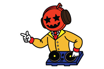 Halloween pumpkin cartoon, Pumpkin DJ Halloween Party Design. Pumpkin cartoon wearing headphones playing music.