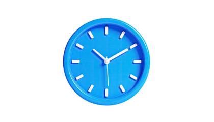 Blue circular clock with white hands and markers, isolated against a black background