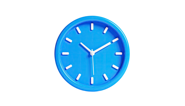 Blue circular clock with white hands and markers, isolated against a black background