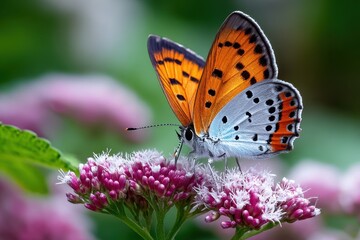 Obraz premium Butterfly with orange and white wings on pink flower