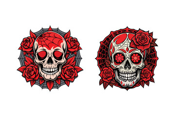 skull with a red rose, spooky skull decorated with red roses and spider t-shirt design, Halloween t-shirt vector design illustration is bold and symbolic
