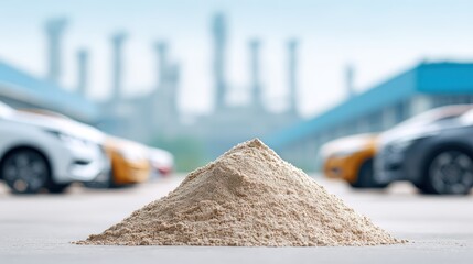 Rare earth minerals used as raw materials in the production of electronic components, car batteries, and automobile parts. A close-up of rare earth powder with an automobile industry background.