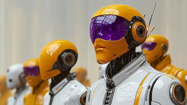 Futuristic robots with vibrant orange and white designs, showcasing a series of expressions and postures, standing in a row, highlighting advanced technology and innovation in robotics