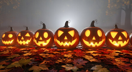 Three happy Jack-o'-lanterns on autumn leaves