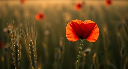 Vibrant red poppy flower in golden wheat field during warm sunlight