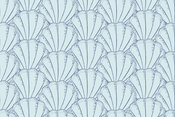 Fototapeta premium Seamless pattern with outline texture of seashell on blue background. Hand drawn line art in colored pencil with minimal detail. Great for fabric or wallpaper. Perfect for nautical print design.