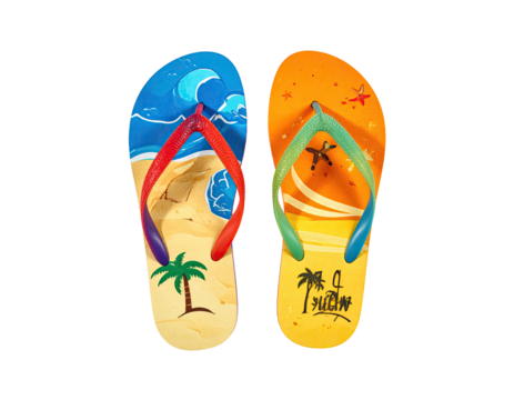 Colorful flip-flops featuring beach scenes.  Two brightly colored flip-flops, one blue/orange, the other orange/blue, decorated with waves, sand, palm trees, and sea creatures