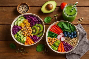 Bunte Bowl mit frischem Obst und Gem&uuml;se auf rustikalem Holztisch