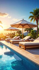 Luxury Resort Pool with White Parasols and Lounge Chairs at Sunset