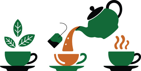 Tea Pouring Scene with Plants and Cups