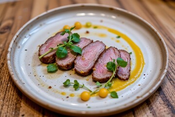 Seared duck breast paired with mango pur&Atilde;&copy;e brush strokes, plated with micro greens and passionfruit pearls, minimal artistic Thai fine dining style.