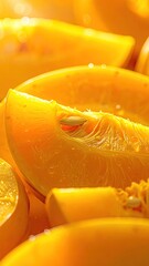 Macro Close-Up of Fresh Cut Golden Orange Pumpkin Pieces in Bright Sunlight