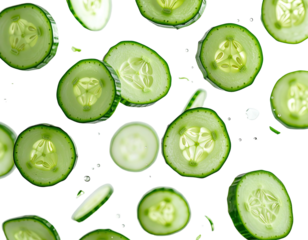 Fresh cucumber slices levitate in a vibrant display