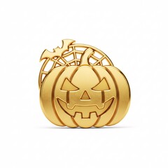 A golden Halloween emblem consisting of a pumpkin, a spiderweb, and a bat,