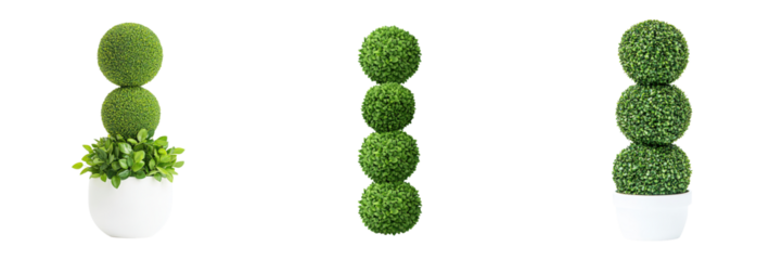 Stacked topiary with spheres and foliage in white pots, creating vibrant green decor element.,isolate on transparent background