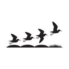 Fototapeta premium Vector art of flock of birds flying over the field black and white vector illustration of birds flying over the field