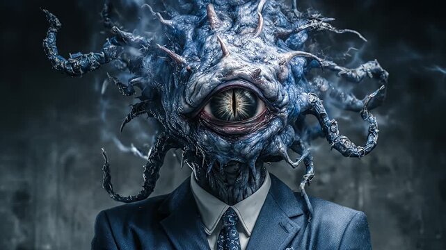Surreal blue monster in a suit with a large eye, dark fantasy art