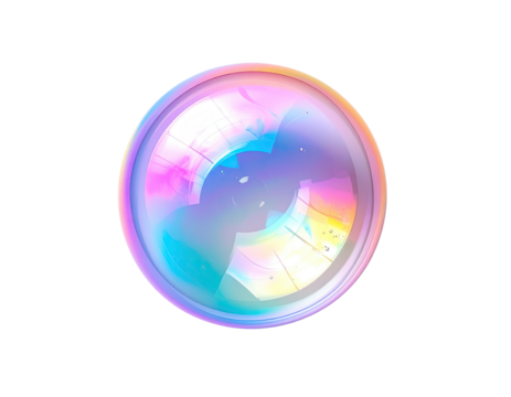 Circular, iridescent, abstract design; swirling colors, resembling a lens or bubble