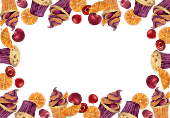 Cupcakes, muffins topped with candied orange slices, cherry berries, whipped cream swirl. Isolated illustration hand drawn in watercolor. Decorative label borders, citrus menu frames, recipe cards.