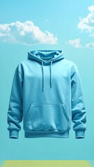 Light Blue Hoodie Against a Sky Background with Clouds Vertical Display
