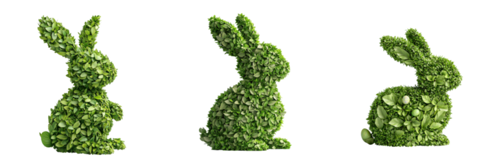 Topiary rabbit sculptures with soft edges and leafy texture create whimsical garden display.,isolate on transparent background