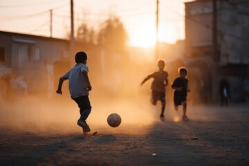 Group of children playing street football on a dusty field, with sunlight illuminating the scene, capturing the joy and energy of outdoor play in a vibrant atmosphere