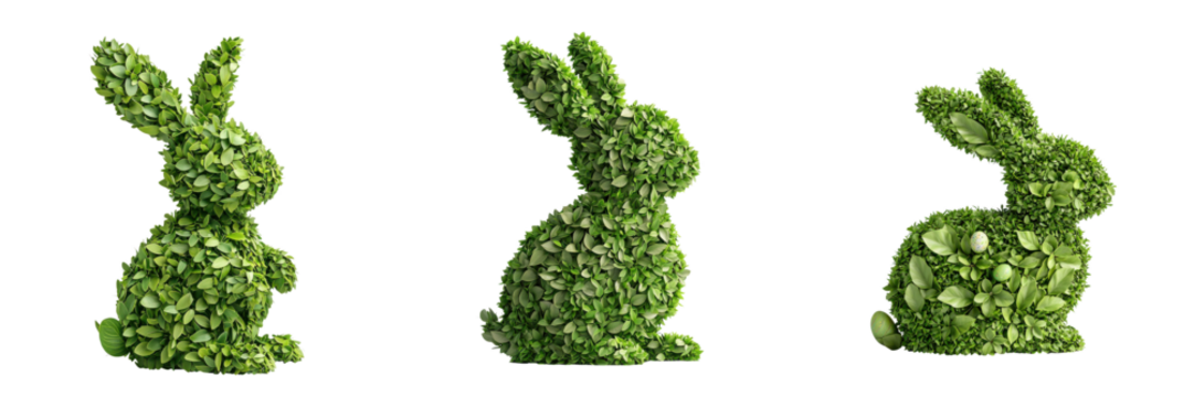 Topiary rabbit sculptures with soft edges and leafy texture create whimsical garden display.,isolate on transparent background