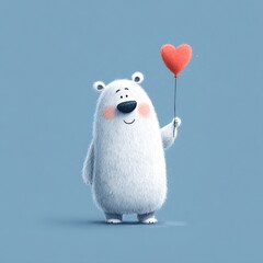 Charming White Polar Bear Holding Red Heart Shaped Balloon on Light Blue Background