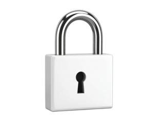 A shiny, white padlock with a silver shackle against a black background