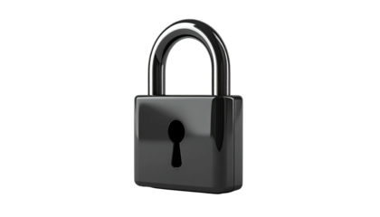 A shiny, metallic padlock with a keyhole, set against a stark black background