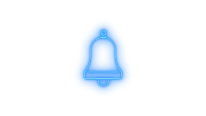 A vibrant and colorful neon blue bell icon, glowing brightly as a digital notification symbol for user interface design and web alerts, isolated on transparent background
